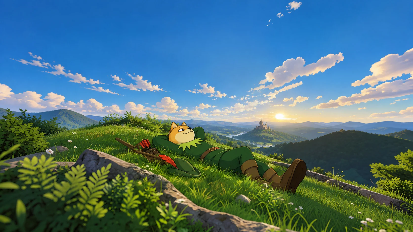 Robinu napping on a grassy hill at sunset, a castle on the hill behind him